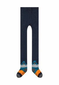 Marineblaue Strumpfhosen mit hellgrauen und orangefarbenen Akzenten, die Socken mit cartoonhaften blauen Kreaturen zeigen. Weiches Material, gestricktes Design und flexibles Material.