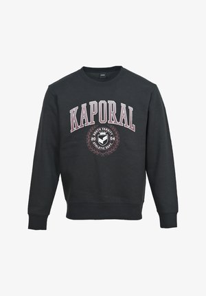 Felpa nera con maniche lunghe e polsini a coste. Presenta una grande grafica "KAPORAL" in bianco e bordeaux, con elementi di design atletico vintage.