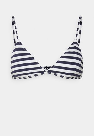 Top de bikini triangular listrado em azul-marinho e branco, com finas alças ajustáveis e fecho de gancho na parte de trás. Tecido suave com uma textura lisa.