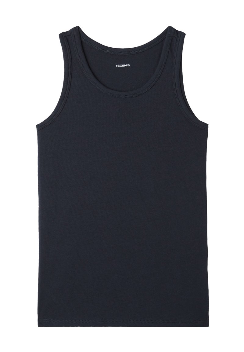 Tmavě modrá tílko vyrobené z jemné bavlny. Má kulatý výstřih a široké průramky s hladkou, rovnoměrnou texturou. Bez viditelných vzorů.
