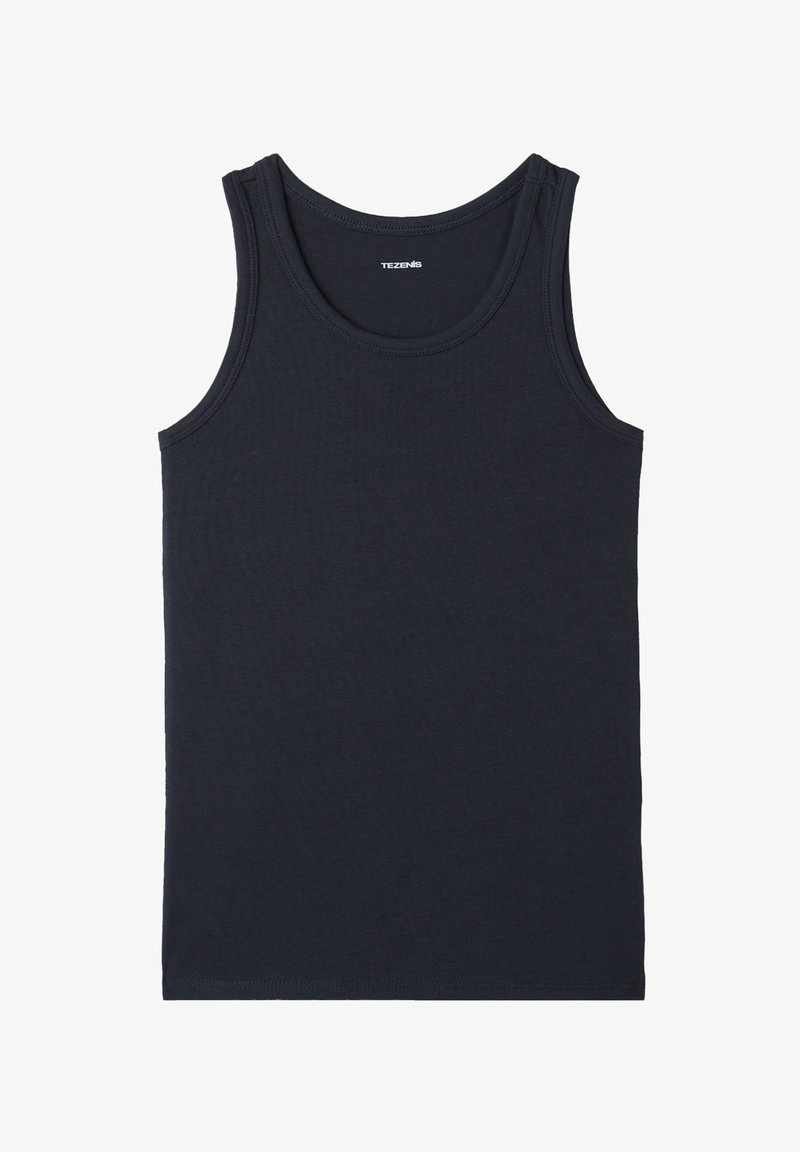 Granatowy top bez rękawów wykonany z miękkiej bawełny. Posiada okrągły dekolt i szerokie wycięcia na ramiona z gładką, równą teksturą. Brak widocznych wzorów.