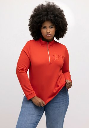 Felpa rossa con zip e lettering "PARIS" in rilievo, colletto alto e maniche lunghe. Indossata con jeans blu, che presentano una vestibilità ampia.