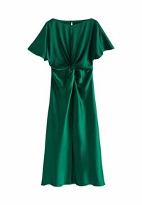 Grøn satin kjole med korte ærmer, knyttet taljerdetalje og en slidse i stoffet. Glat tekstur og A-formet silhuet.