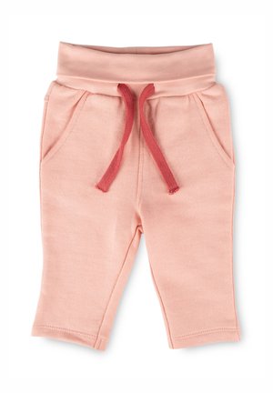 Pantaloni rosa chiaro per bambini piccoli con vita elastica e coulisse rosa scuro, dotati di tasche frontali e tessuto morbido in cotone.