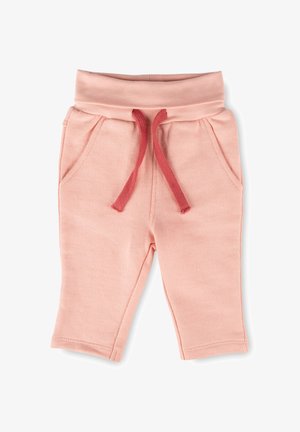 Hellrosa Kinderhose mit elastischem Bund und dunkelrosa Kordel, ausgestattet mit Fronttaschen und aus weichem Baumwollstoff.