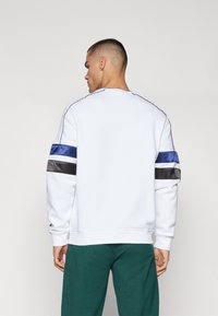 Balts kapucis ar zilo un melno satīna svītru apdruku uz piedurknēm, apaļo kakla izgriezumu un ribotas aproces jostā. Gluda tekstūra.