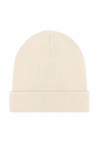 Gebreide muts in lichtbeige, met een omgevouwen rand en een naadloze bovenkant. Zachte textuur met een glad, consistent patroon door het hele geheel.