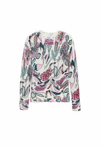 Maglietta a maniche lunghe con motivo floreale in rosa, verde acqua e crema. Realizzata in tessuto con una texture liscia e orlo a coste.