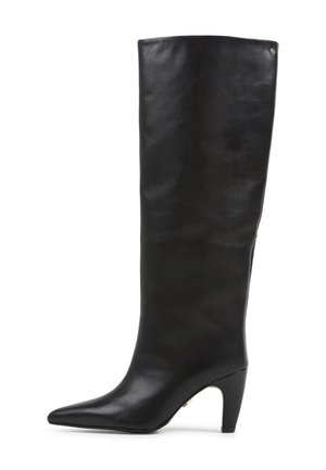 Stivale alto in pelle nera con punta affusolata e tacco sottile. Texture liscia con un design elegante e dettagli hardware minimi.