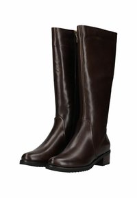 Botas de cuero marrón hasta la rodilla con un acabado suave, cierre de cremallera lateral y un tacón bajo en bloque, que presentan un diseño de punta redonda.