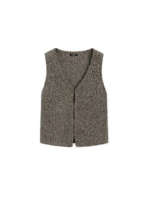 Gilet sans manches en fil noir et blanc chiné, avec une fermeture à boutons sur le devant et un décolleté en V.