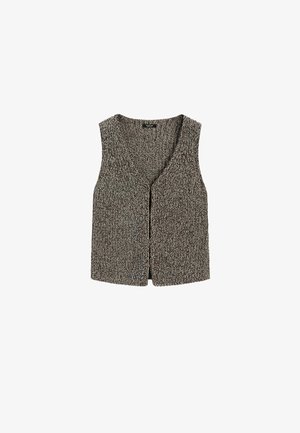 Gilet sans manches en fil noir et blanc chiné, avec une fermeture à boutons sur le devant et un décolleté en V.