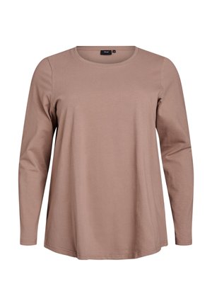 Long-sleeve top in light brown fabric, featuring a round neckline and a relaxed fit, with simple stitching and no visible patterns or accents.