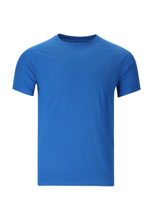 Effen blauwe sport-T-shirt met korte mouwen en een ronde hals, lichtgewicht en textuurrijk materiaal, weergegeven op een witte achtergrond.