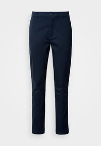 Navy blue cotton trousers with a straight cut, featuring a button closure and pockets. Smooth texture and minimal design elements.