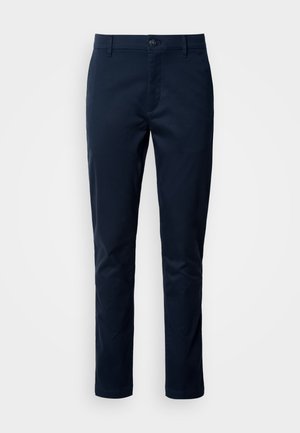 Navy blue cotton trousers with a straight cut, featuring a button closure and pockets. Smooth texture and minimal design elements.