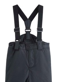 Pantaloni impermeabili neri con bretelle regolabili, dotati di due bottoni sulla vita anteriore e realizzati in tessuto liscio e resistente.