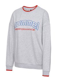 Grå sweatshirt med röda detaljer, rund halsringning, lös passform, med "hummel PERFORMANCE" tryckt i blått och rött på framsidan.