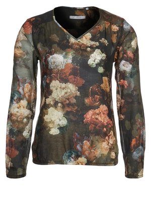 Doorschijnende blouse met lange mouwen en een donkere bloemenprint met witte, oranje en groene bloemen en een V-hals.