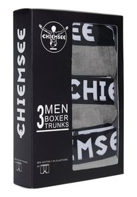 Drei Herren-Baumwollboxershorts in einer Box. Farben: Schwarz, Grau. Materialien: 95 % Baumwolle, 5 % Elasthan. Mit auffälligem "CH"-Logo auf dem Bund.
