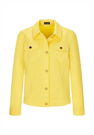 Yellow denim jacket with long sleeves, button-down front, two chest flap pockets with buttons, and a classic collar.