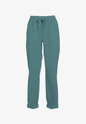 Pantalones casuales color verde azulado con cintura elástica, cordón ajustable, bolsillos delanteros tipo parche, piernas rectas y puños doblados.