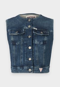 Denim brezrokavnik v temno modri barvi s krožnim ovratnikom, dvema žepoma na prsih, kovinskimi gumbi in majhno oznako na robu.