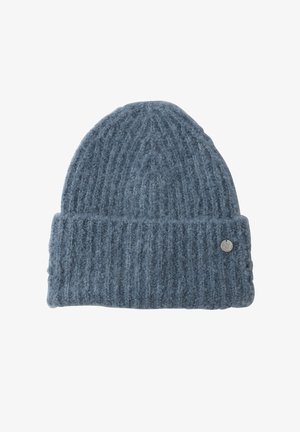 Grå strikket hue med ribbet tekstur og opbukket kant. Har et lille metallogo på siden.