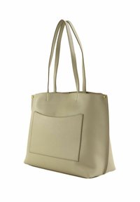 Sac fourre-tout en cuir vert clair avec deux poignées, une poche avant et des détails de couture subtils. Texture lisse et forme structurée.