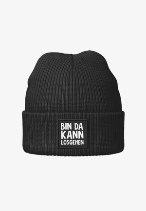 Black ribbed knit beanie with a folded cuff. Features a rectangular patch with white text: "BIN DA KANN LOSGEHEN." Soft texture.
