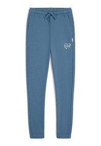 Pantaloni sportivi blu realizzati in tessuto morbido, caratterizzati da una vita con coulisse, tasche laterali e un piccolo logo bianco sulla coscia sinistra. Vestibilità slim.