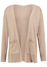 Beige stickad kofta med V-ringning, öppen fram, två framfickor och ribbade ärmslut. Mjuk textur, avslappnad passform.