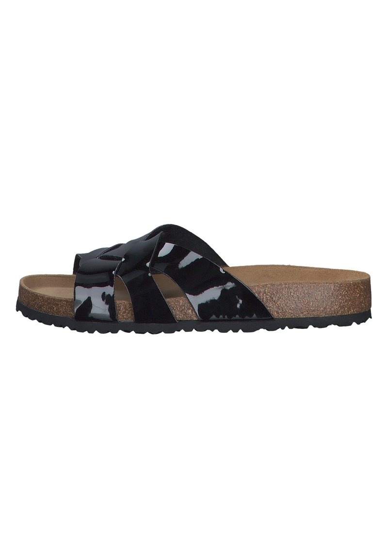 Öppen tå sandal i glansig svart patentläder med crisscross-remdesign och kontrasterande korkfotbädd. Texturerad svart gummisula.