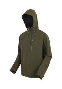 Chaqueta impermeable con capucha de color verde oliva, cremallera frontal, puños ajustables, bolsillo con cremallera en el pecho y paneles laterales negros.