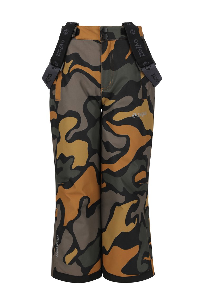 Camouflage pants featuring a mix of green, brown, and orange colors, with adjustable black suspenders, smooth texture, and slim fit.