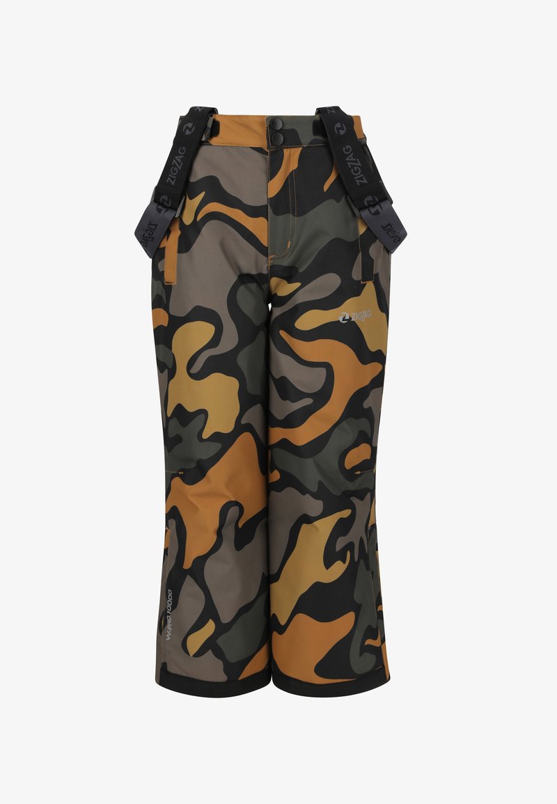 Camouflage pants featuring a mix of green, brown, and orange colors, with adjustable black suspenders, smooth texture, and slim fit.