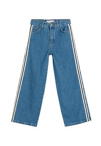Lichtblauwe denim wijde broek met voorzakken, voorzien van witte zijkanten en een knoopsluiting. Stof heeft een gestructureerde afwerking.