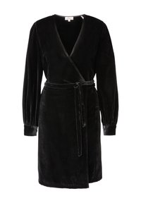 Svart sammetstasskjol med långa, puffärmar, djup V-ringning och ett bälte i matchande tyg. Slät textur med en minimalistisk design.