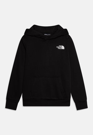 Juodas džemperis iš minkštos medžiagos, su kengūriniais kišenėmis, raukšlėtais rankogaliais ir balta "North Face" logotipu ant kairiojo krūtinės.
