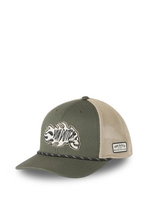 Casquette de baseball en mesh vert et beige avec logo tête de mort en flammes « Von Dutch » sur le devant et écusson « Von Dutch Motorcycle Club » sur le côté.