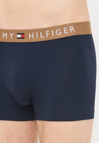 Herren Boxer Shorts in Marineblau aus weichem Stoff, mit einem braunen Elastikbund und weißer "Tommy Hilfiger"-Markierung.