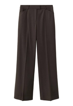 Braune, weit geschnittene Hosen mit glatter Textur, versehen mit vorderen Falten und schrägen Taschen, entworfen in einer locker sitzenden Silhouette.
