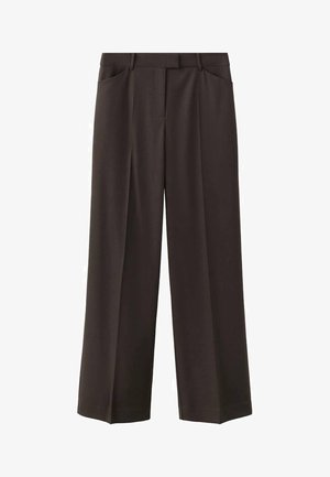 Braune, weit geschnittene Hosen mit glatter Textur, versehen mit vorderen Falten und schrägen Taschen, entworfen in einer locker sitzenden Silhouette.