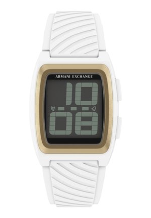 Digital Armani Exchange watch with white textured silicone strap, gold-tone square bezel, and large segmented LCD displaying time.