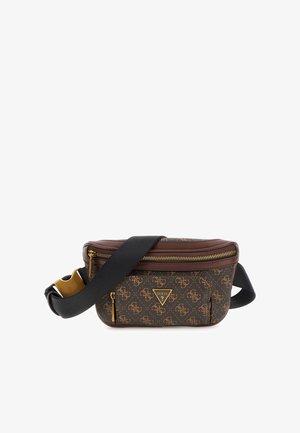 Brown patterned shoulder bag with a dark brown frame, gold accents, and a zippered closure. Features an adjustable black strap.