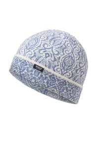 Berretto in maglia blu e bianco con motivo, dotato di risvolto e etichetta nera IVKO WOMAN sul risvolto.