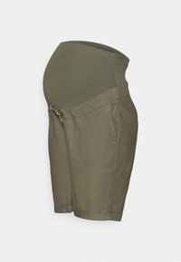 Calções de maternidade em verde-azeitona com uma cintura elástica, detalhe de laço ajustável e dois bolsos laterais. O tecido parece suave e leve.