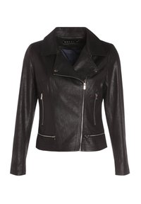 Veste de moto en cuir synthétique noir avec un col cranté, des poches zippées et des accents texturés sur l'ourlet inférieur.