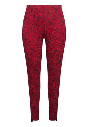 Rode legging met een zwart bloem- en paisleypatroon, gemaakt van een rekbare stof. Het ontwerp heeft een gladde afwerking en een aansluitende pasvorm.