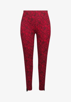 Collant rossi con un motivo floreale e paisley neri, realizzati in un tessuto elasticizzato. Il design include una finitura liscia e una vestibilità aderente.